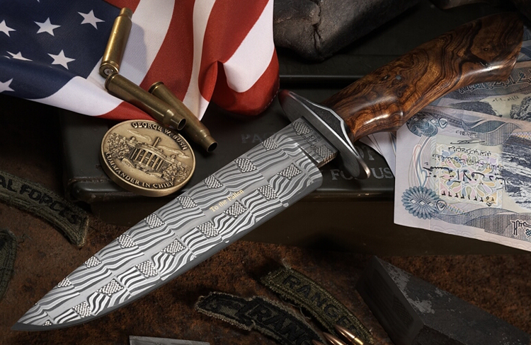 Elite Knives military fighter with a damascus blade with a patriotic theme