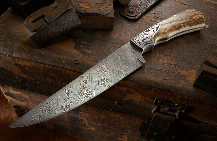 Elite Knives large straight point hunter with mammoth ivory and engraving