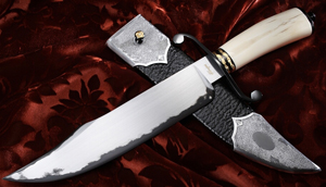 Elite Knives laminated blade bowie knife with round ivory handle and blued fittings