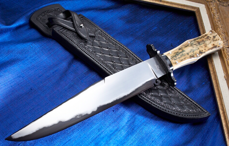 Elite Knives walrus ivory handled bowie knife with laminated blade