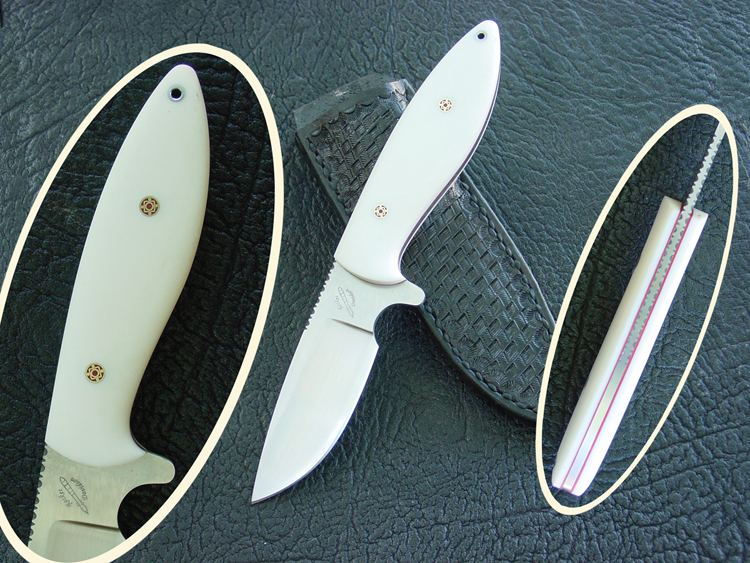 Rocket Fine Handmade Knives         guardless drop point hunting knife in white micarta