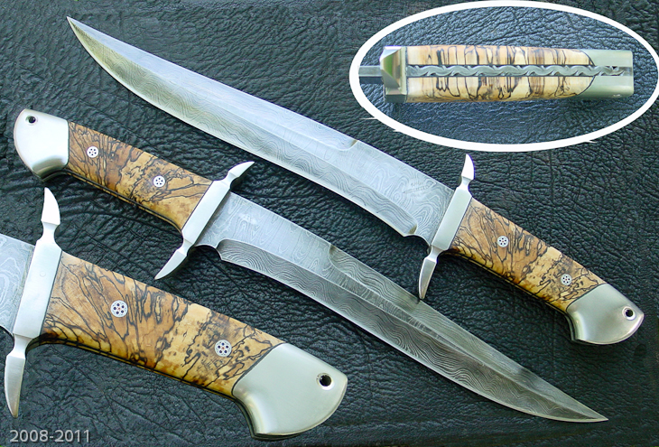 Large Damascus Blade Bowie Knife with reverse curve blade