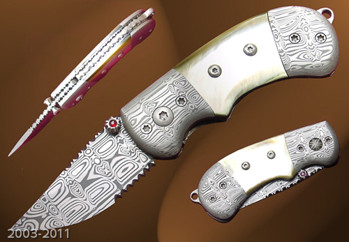 Pocket Liner Locking folder with damasteel and mother-of-pearl