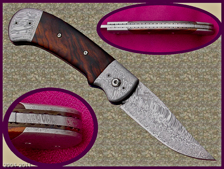 Persian design Scale Release folding knife in damasteel and ironwood