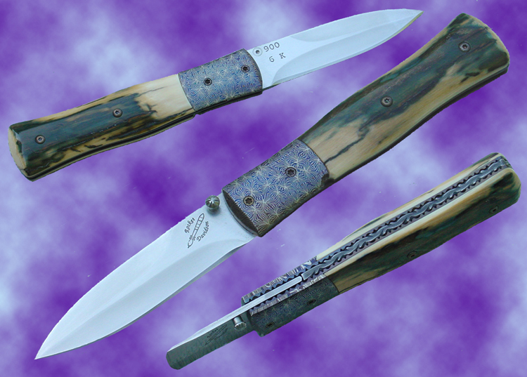 Rocket Handmade Knives         folding dirk in blue mammth ivory